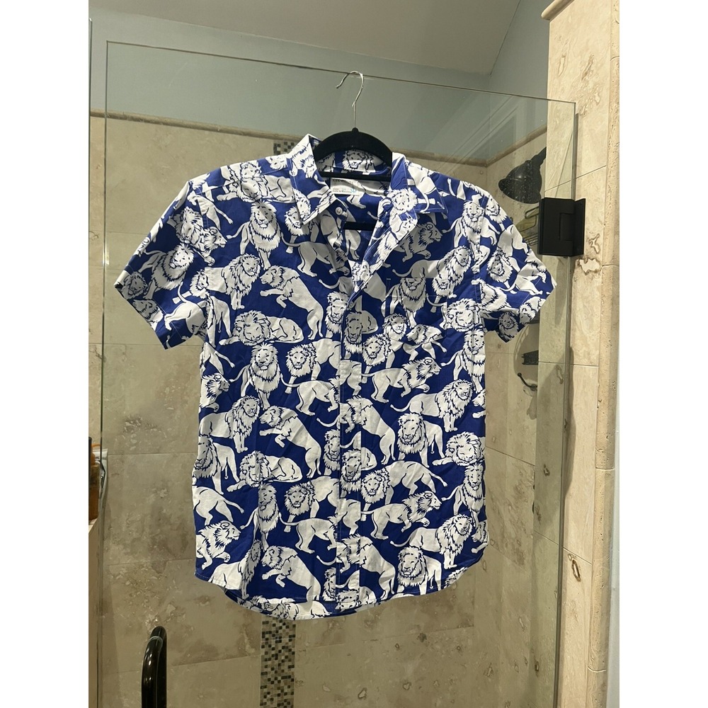 Crewcuts Boys Blue White Lion Safari Button Down Shirt Size 14 Short Sleeve